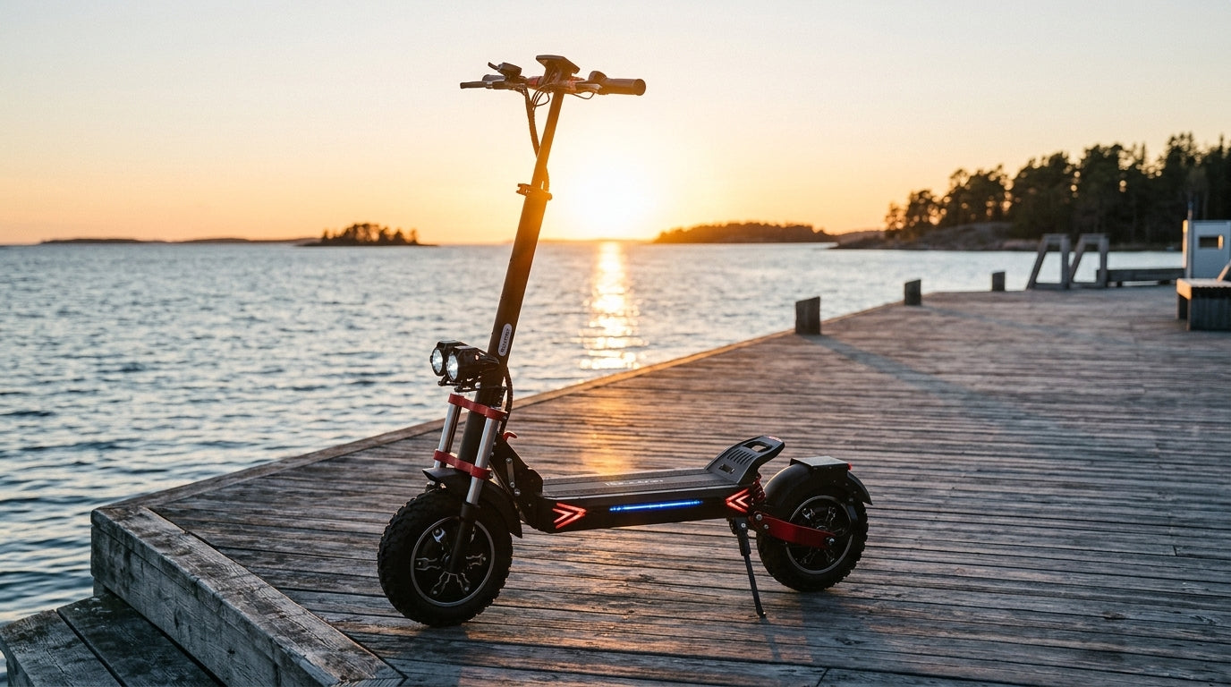 Off-road electric scooter on a seaside boardwalk in Finland at sunset