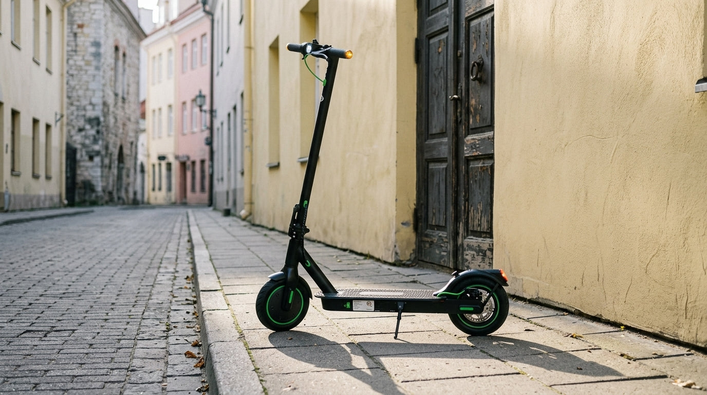 Electric scooter parked against an old-town wall in Vilnius